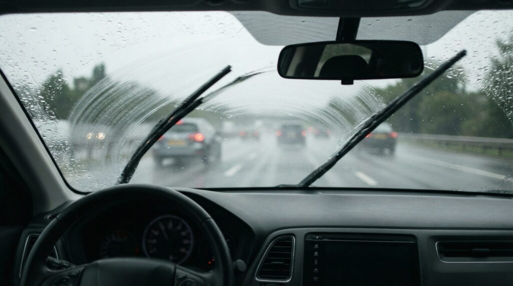 Drivers perspective through car windshield during rain: wip