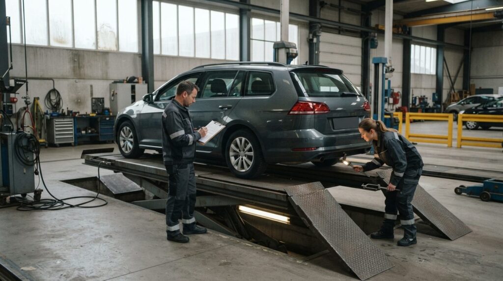 Wide shot of an imported German car on a Danish inspection r